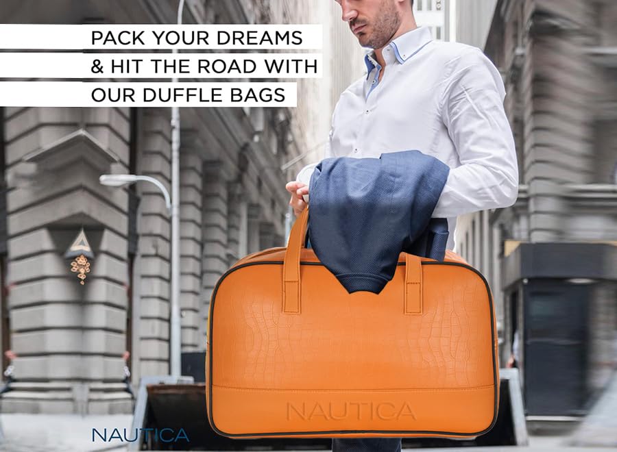 Image of Nautica Unisex 25L PU Duffle Bag for Travel | Stylish Leatherette Cabin Luggage with Smooth Zippers | Compact, Comfortable & Spacious for Weekend Trips, Gym & Everyday Use | TAN