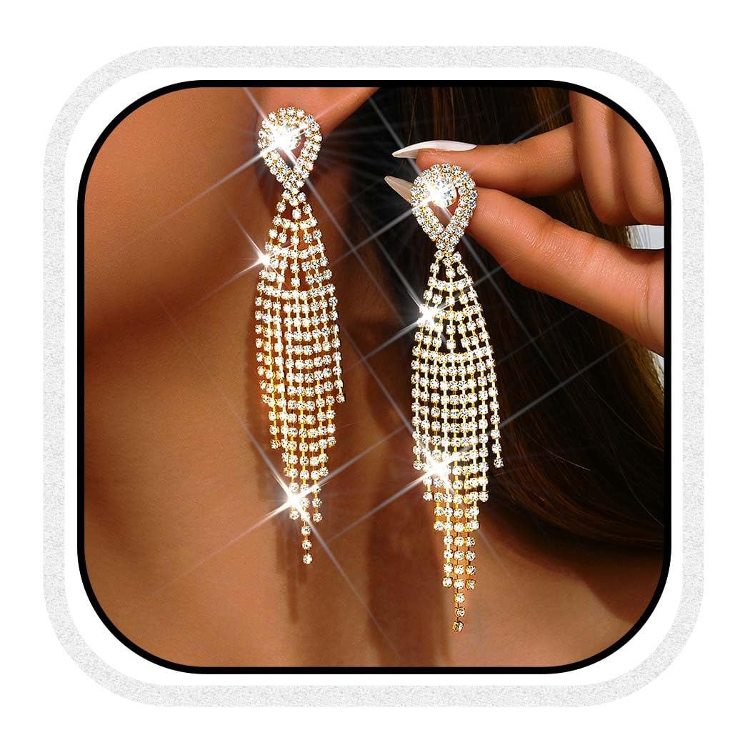 Unicra Long Tassel Rhinestone Earrings Silver Diamond Dangle Earrings Jewelry Sets Crystal Bridal Wedding Earrings Accessories for Women and Brides