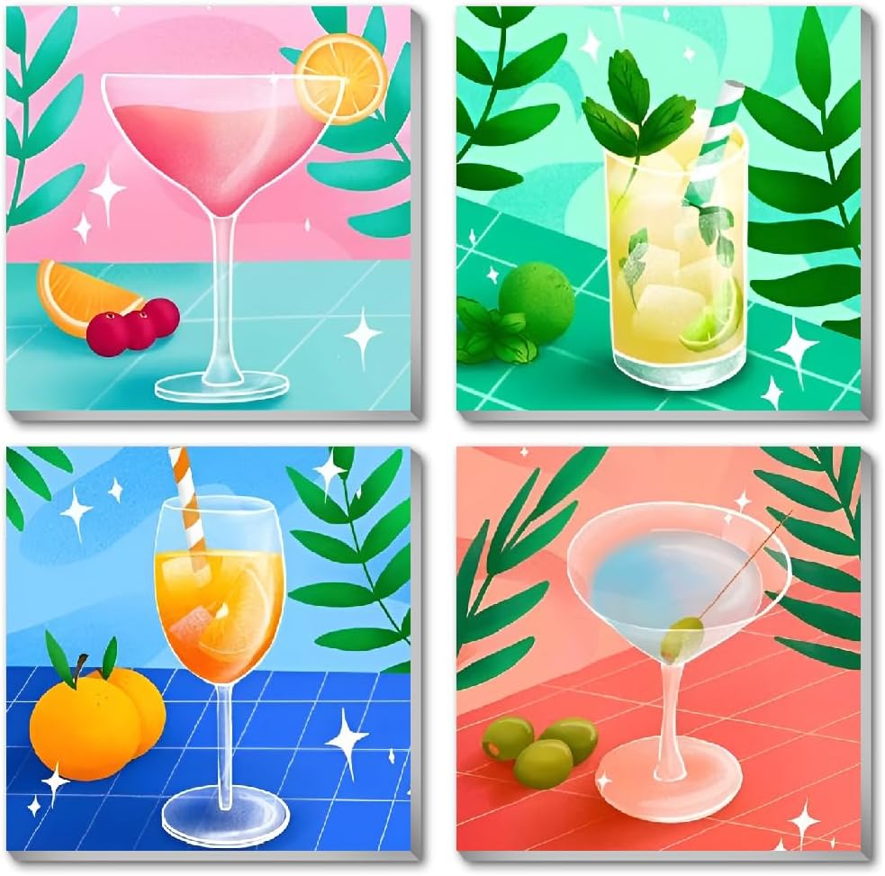 4 Framed Vintage DIY Paint by Numbers Kit for Adults Beginner,Retro Cocktail Easy Painting by Number with Canvas,Acrylic Paint Kit Arts and Crafts for Adults for Decor 8x8inch