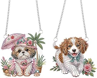 POETRYDRAW 2 Pcs DIY Hanging Diamond Art Pendant Kit Flower Puppy, Special Crystal Acrylic Diamonds Painting Ornament for Adults, 5D Diamond Art Suncatchers Gem Painting Box Kit