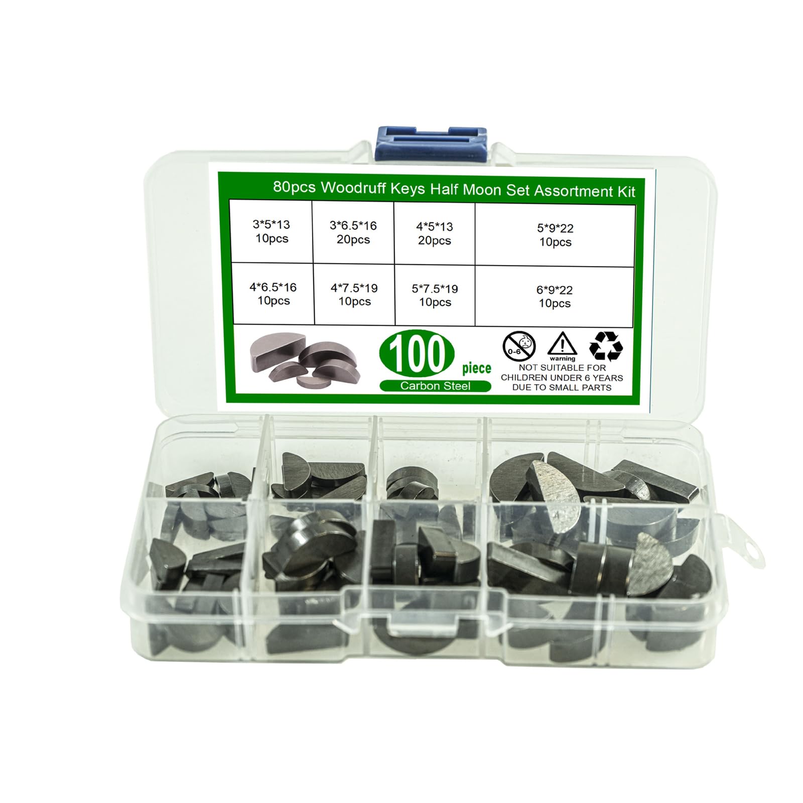 100Pcs Carbon Steel Assortment Set Metric Half Shaft Drive Fastener Mechanical Industry Woodruff Half Woodruff Hardware Set