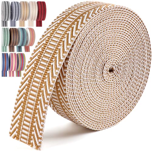 PECMER 1.5 inch Webbing-6 Yards Khaki Jacquard Cotton Webbing Ribbon-1 1/2 inch Polyester Webbing for Straps Seat Belt Crafts Pet Collars Backpack Strap Belt