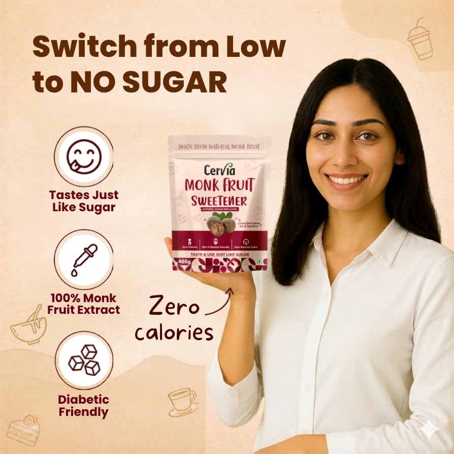 Image of Cervia Monk Fruit Natural Sweetener 400g | 100% Natural Sugar Replacement | Zero Calories | Zero Glycemic Index | No Blood Sugar Spike | Diabetic & Keto Friendly | No Bitter Aftertaste | For Tea, Coffee & Cooking (400)