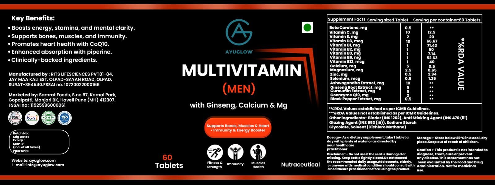 Multivitamin Men with Vit. C, Calcium, Magnesium, B-Complex, Ginseng, COQ10 | Energy, Stamina | Bones & Joints | Immunity & Muscle Health | 60 Tablet (Pack of 1) — Amazon image 8