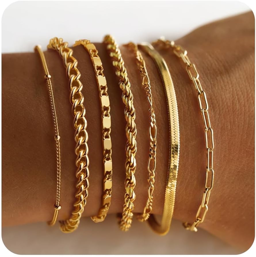 Gold Bracelets for Women, 14K Gold Plated Dainty Layered Cuban Link Paperclip Chain Herribone Bracelets Cute Stackable Gold Chain Bracelet Set for Women Trendy Jewelry Gifts