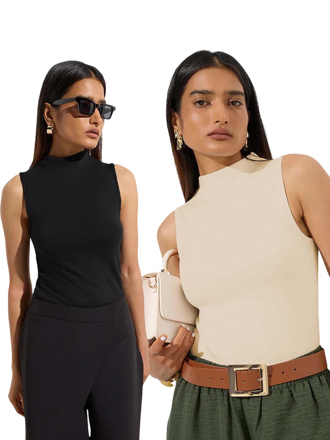 Women’s Sleeveless High Neck Ribbed Tank Top Combo Pack of 2 Stylish Casual & Office Wear Tops-image-37