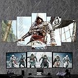 Gmoope Wandbild Leinwand Assassin's Creed Black Flag Spiel 5 Teilig Bilder Wohnzimmer Wohnung Deko 5 Stück Kunstdruck Modern Wandbilder XXL Format Wanddekoration Design Wand Bild