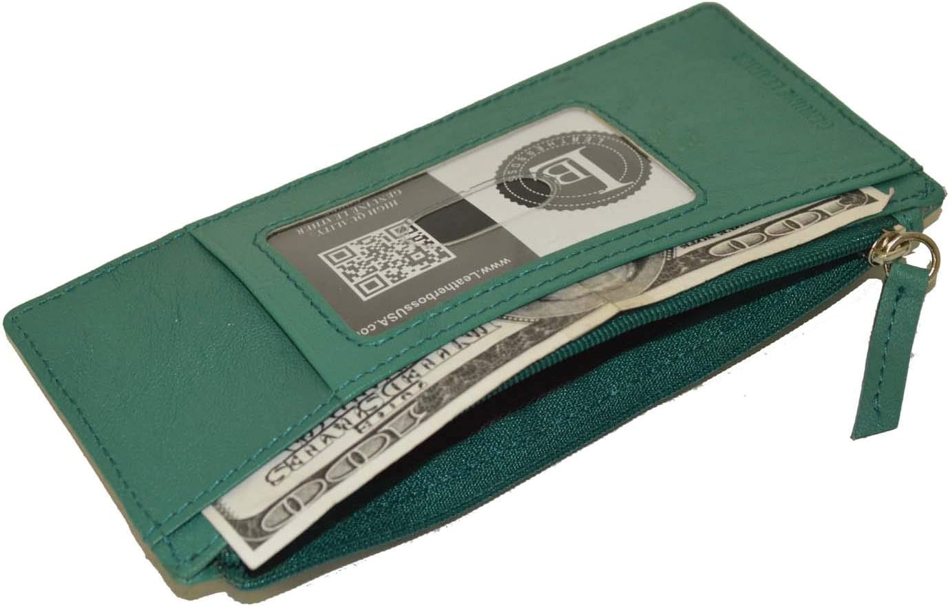 Leatherboss Genuine Leather Women's All in One Credit Business Card Case Holder Slim Zipper Wallet With a Card Protection Strap, Forest Green - Image 4