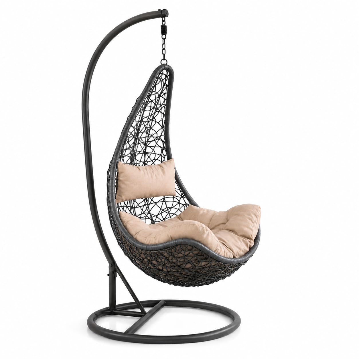 Poltrona Sospesa Da Giardino Con Struttura Autoportante In Metallo Seduta In Polyrattan E Cuscino Con Poggiatesta Beige Arredo Outdoor Terrazza Balcone E Veranda 105 x 195 Cm Nero