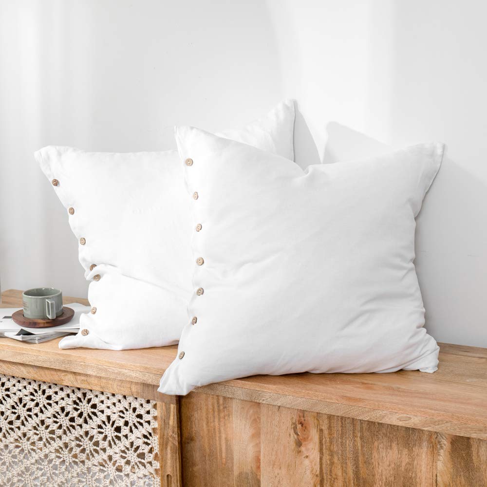Simple&amp;Opulence 100% Linen Euro Shams with Coconut Button (26'' x 26'') - Pack of 2 - Washed Solid Color Natural Flax Soft Breathable - White
