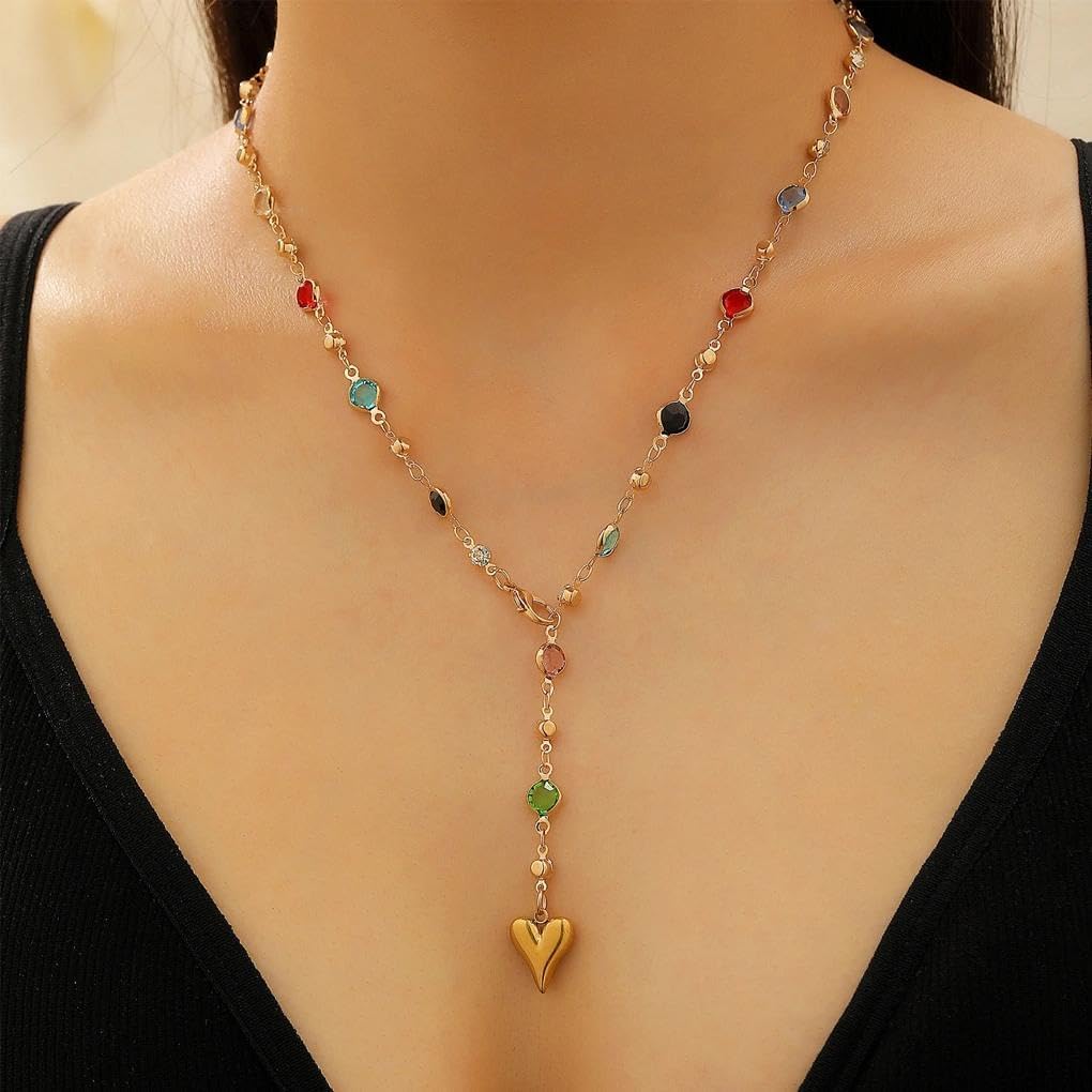 Rrdaily Vintage Gold Colorful Zircon Heart Lariat Necklaces for Women,Dainty Colored Rhinestone Love Y Necklace,Charm Birthday Party Jewelry Accessories Gifts - Image 2