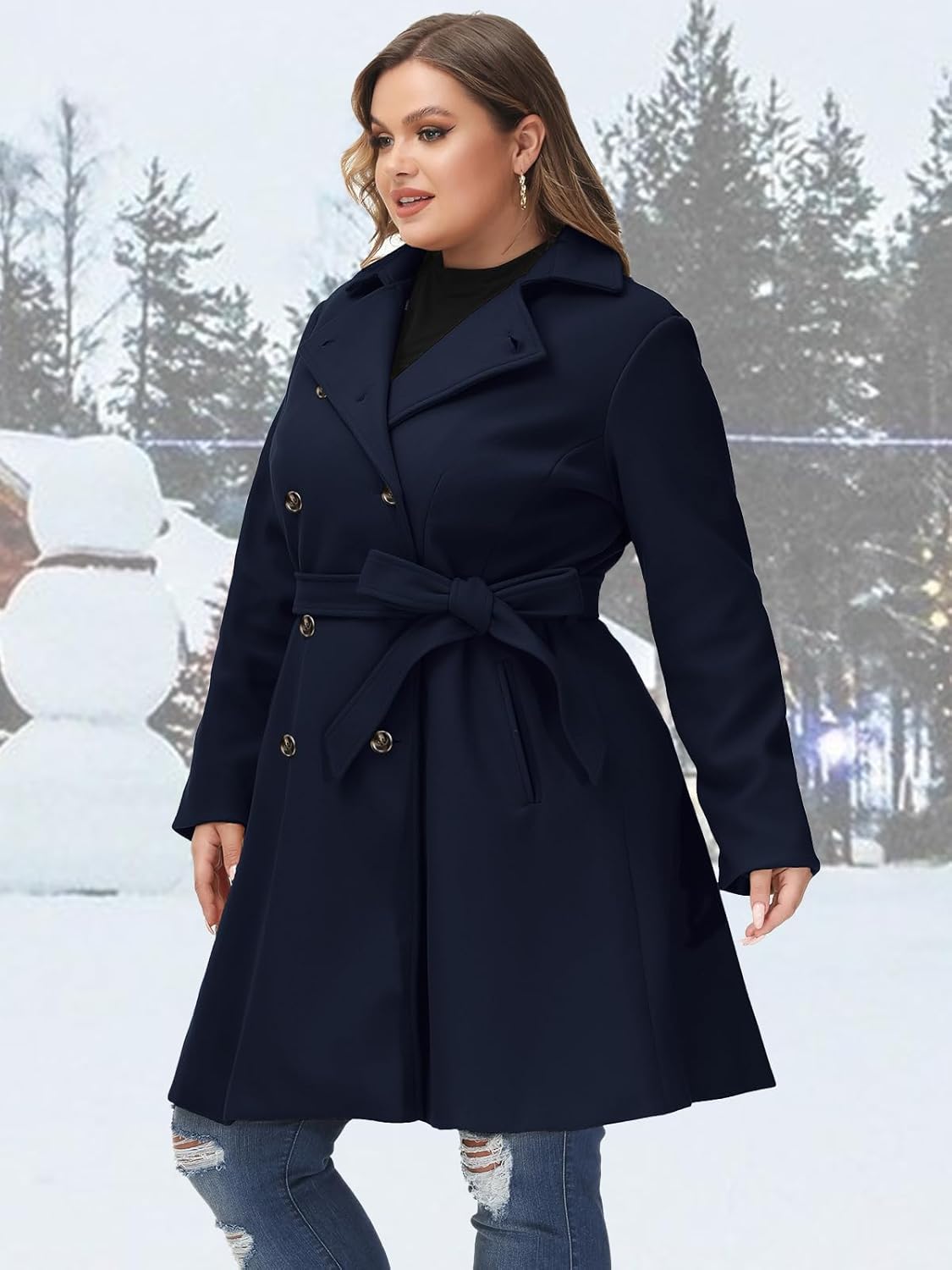 Hanna Nikole Women Plus Size Double Breasted Wool Pea Coat Notch Lapel Trench Coats Mid Long Winter Outerwear with Belt - Image 3