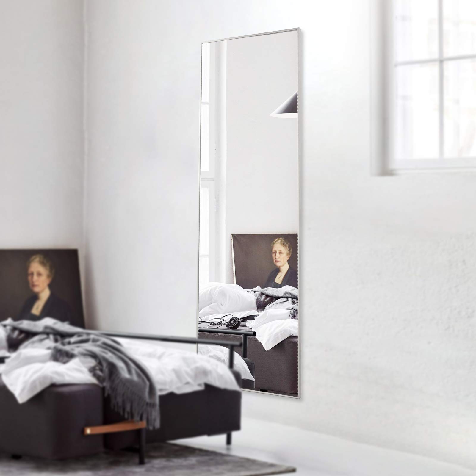 BEAUTYPEAK Full Length Mirror 48"x14" Hanging or Leaning Against Wall Large Rectangle Floor Mirrors Body Dressing Wall-Mounted for Living Room, Bedroom with Aluminum Alloy Thin Frame, Silver