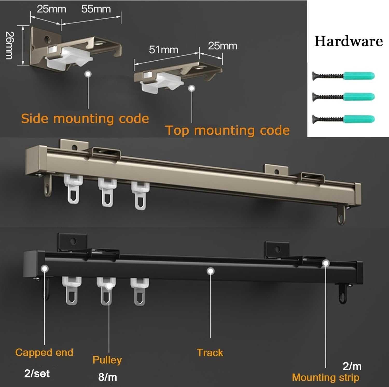 Rail de Rideau en Aluminium pour Montage au Plafond ou au Mur pour Rideaux et séparateurs de pièces Rail de Rideau avec glissières