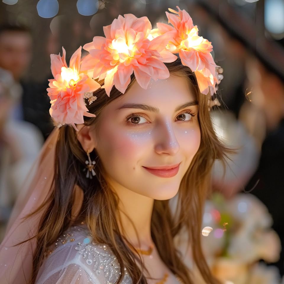 Fashband LED Flower Crown Headbands Light Up Floral Hair Wreath Festival Headpiece Halloween Party Headdress for Women (pink) - Image 2