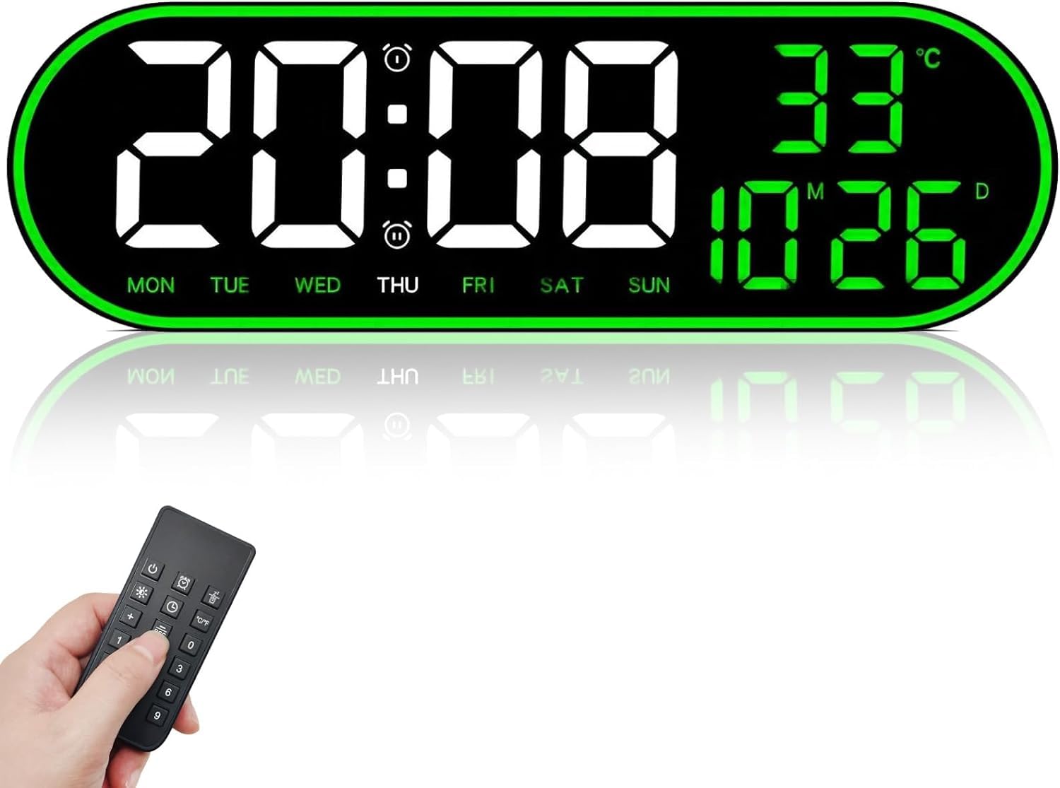 Digital Wall Clock Large Display, 15 inch Digital Alarm Clock, LED Digital Clock with Remote Control, Adjustable Brightness, Countdown Large Clock with Date, Week, Temperature, Corded Power (GREEN)