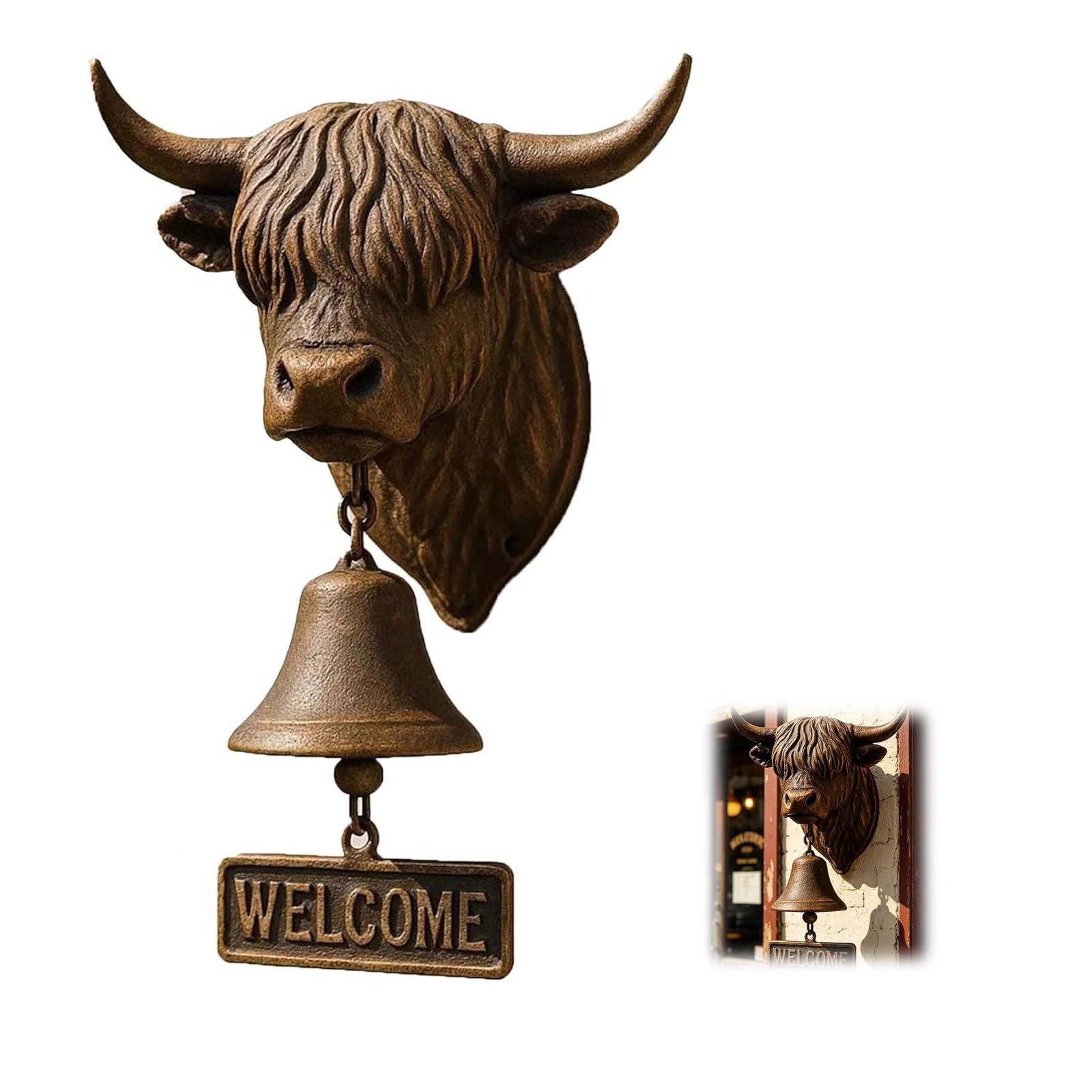 Handmade Highland Cow Welcome Bell - Vintage 3D Resin Wall Mounted Doorbell with Crisp Sound, Rustic Hanging Entry Bell for Home, Garden, Porch, Ranch, Outdoor Decor,Gift for Cow Lovers (1PCS)