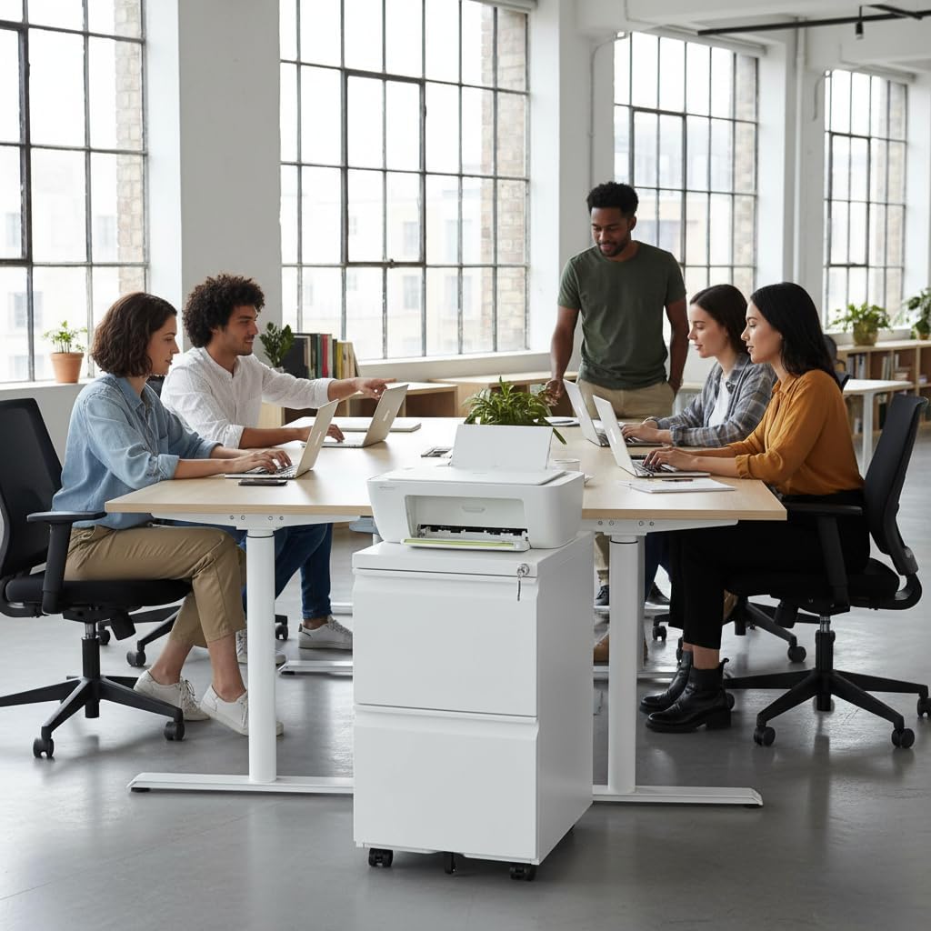 [Fully Assembled] 2 Drawer Lockable Metal File Cabinet on Wheels, Mobile Under Desk Filing Cabinet with Printer Stand, Home Office Storage Cabinet (White, 2 Drawer)