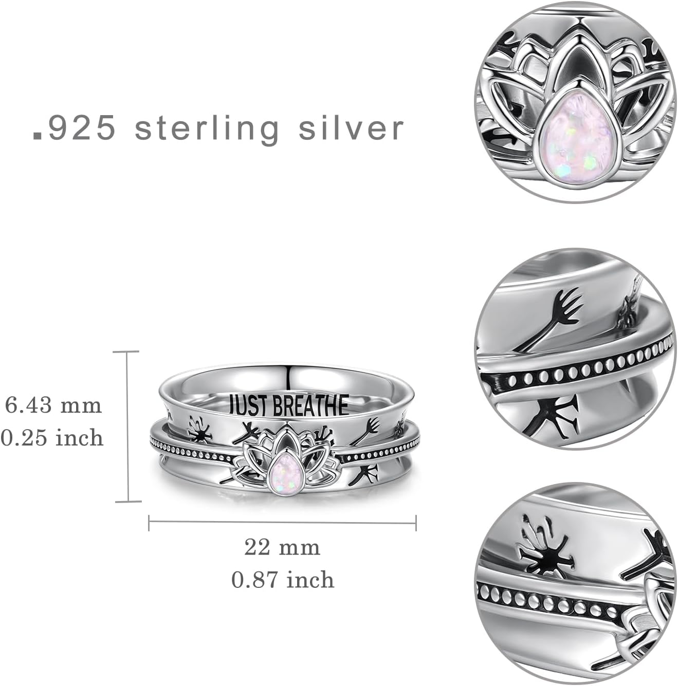 just breathe anxiety ring for women steling sliver
