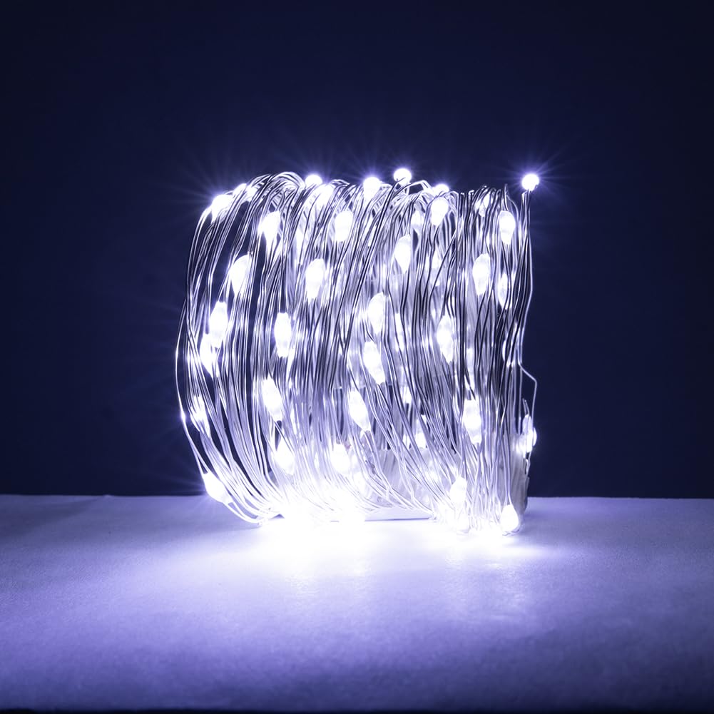 Catena Luminosa Bianca Fredda da 30m, LED a Spina su Filo d'Argento con 300 LED, 8 Modalità per Matrimonio, Interni ed Esterni, Albero di Natale, Patio, Portico e Decorazione da Giardino