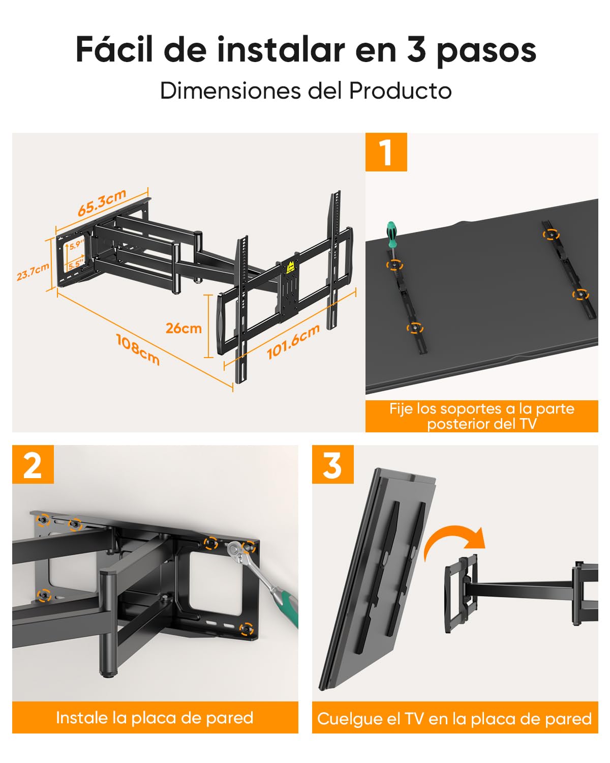 Soporte TV Pared Movimiento Completo para Televisores de 60-100 Pulgadas | Soporte Television Pared Giratorio e Inclinable, Extensión de 1090 mm, Brazos Dobles, VESA 900x600 mm, Carga 125 kg