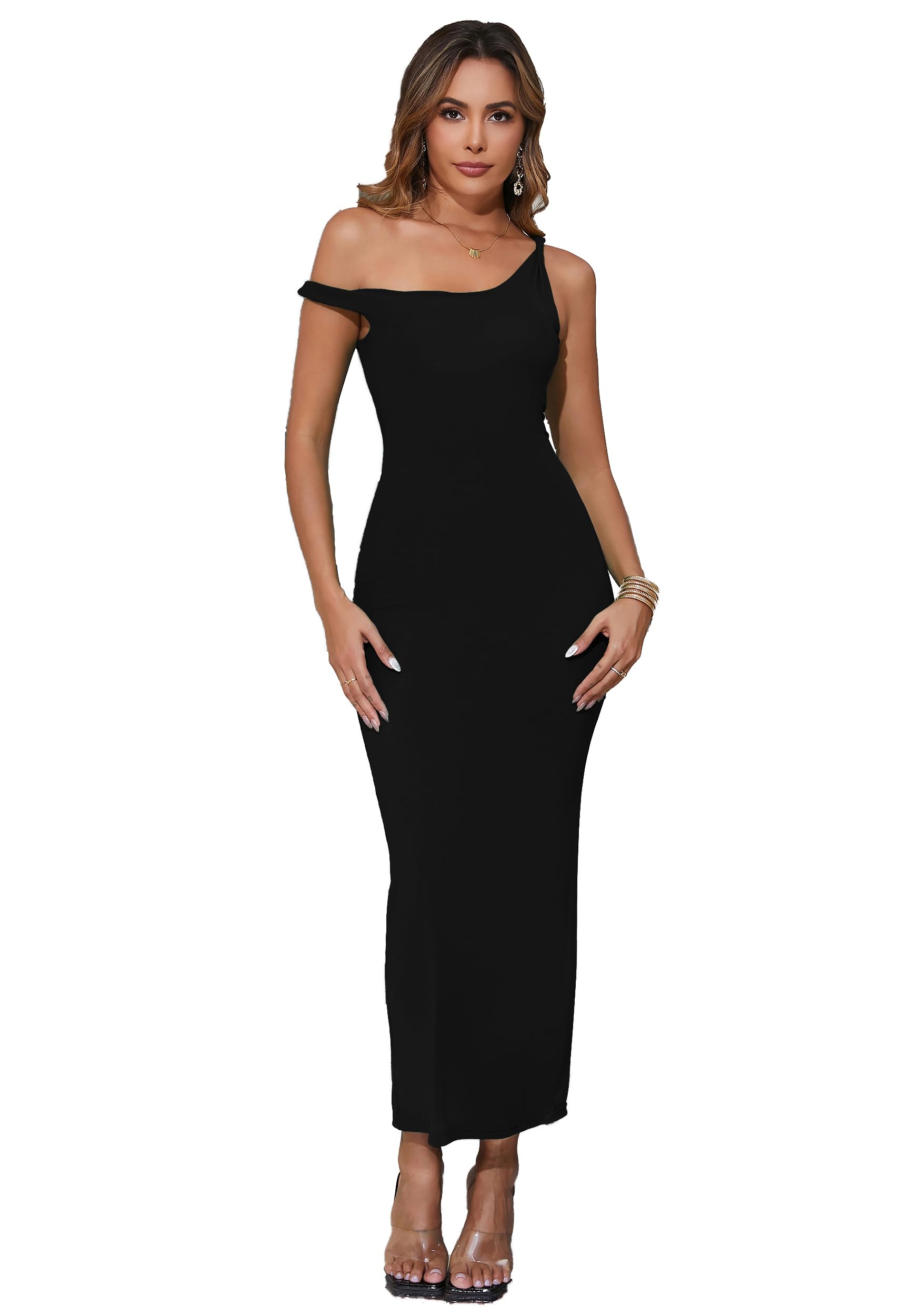 Abito formale da donna monospalla con spacco posteriore sexy in rete aderente maxi abito una spalla attorcigliata copricostume da spiaggia 387
