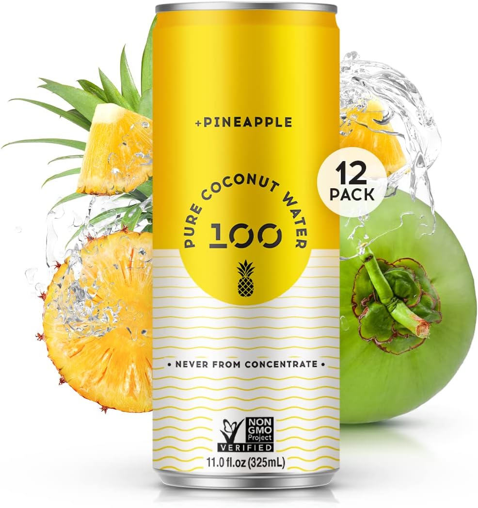 100 Coconuts Pineapple Pure Coconut-100% Pure Coconut Water - Low Calorie All-Natural Drink with Electrolytes - Naturally Sweet, no preservatives- Non-GMO, 11 fl oz, Pack of 12 (Pure Coconut Water)