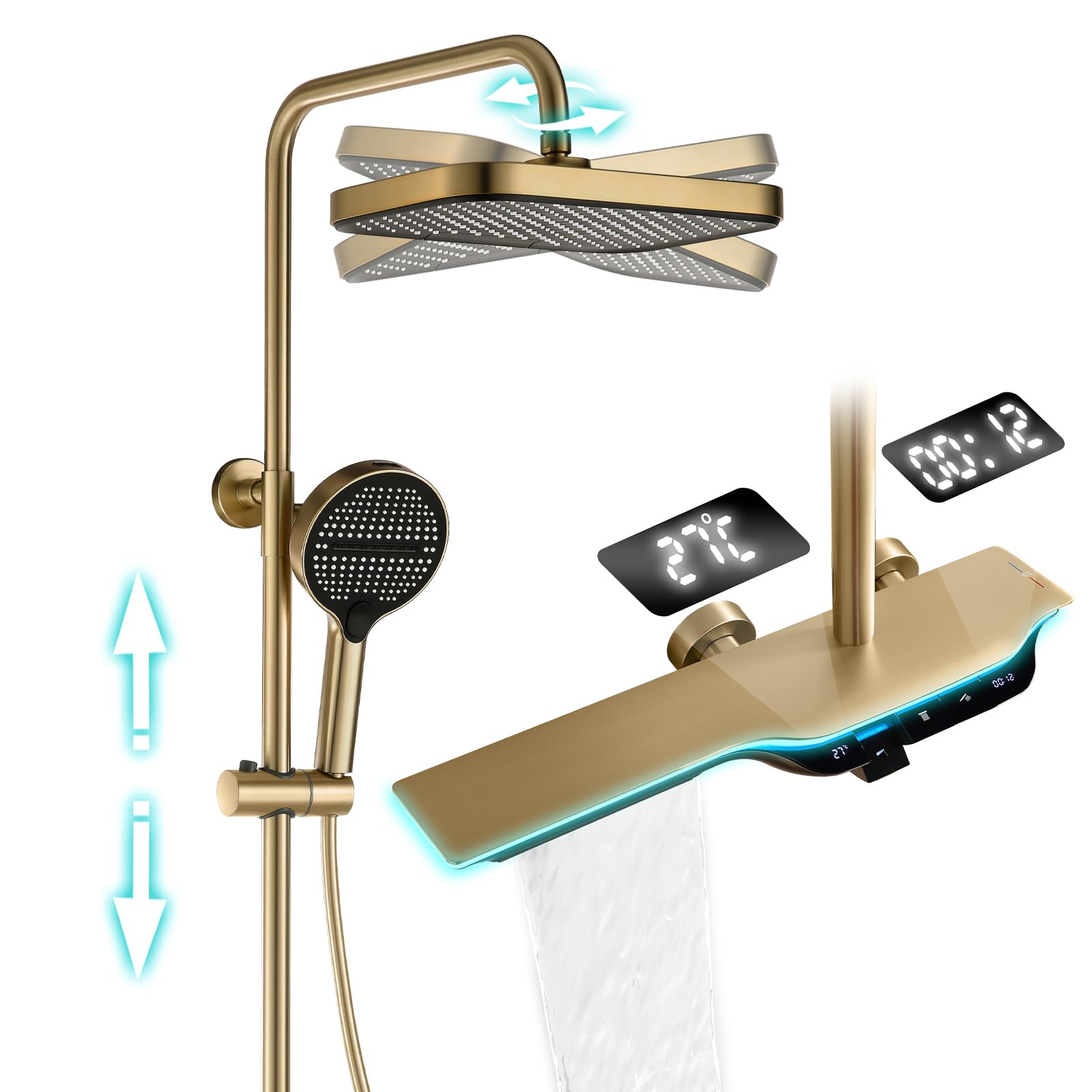 Brushed Elh Digital RShower System Kompletny zestaw armatury prysznicowej z głowicą prysznicową ręczną i wodospadową wanną dla najlepszych wrażeń spa