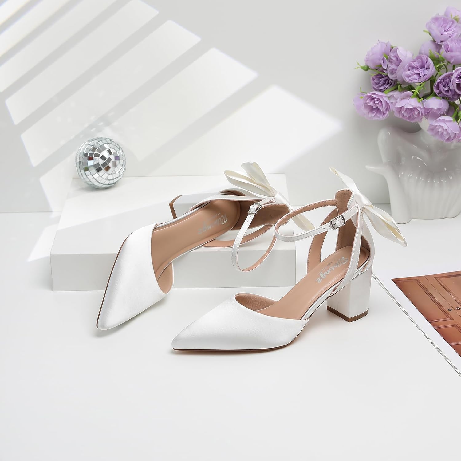 RIBONGZ Wedding Bridal Shoes for Women Chunky Block Heel Pumps Closed Pointed Toe Heels with Elegant Bow Knot Comfort Evening Party Prom Office Shoes - Image 7