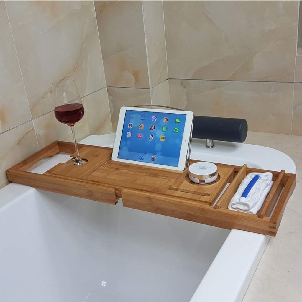 Tray Bamboo Bathtub Caddy Tray Strong Bearing Bathtub Tray Rack with Tablet Holder Extending Sides Wine Glass Holder Rack Non-Slip Bathroom Rack Organizer (Color : A)