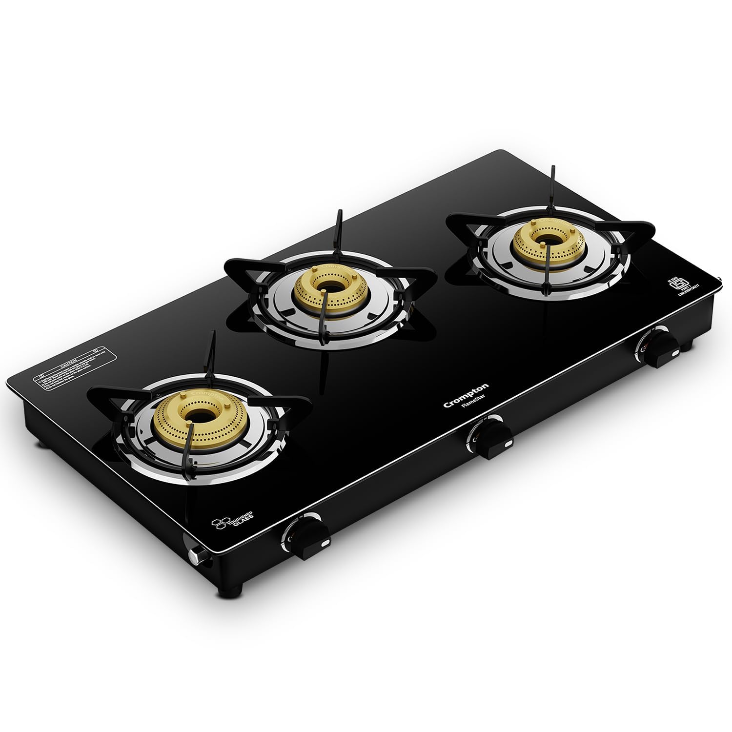 Crompton FlameStar 3 Burner Glass Top Gas Stove | 1 Jumbo & 2 Medium Burner | Max Space | Easy Cleaning | Scratch Resistant Toughened Glass | Tri Pin Brass Burners | 2 Year Manufacturer's Warranty