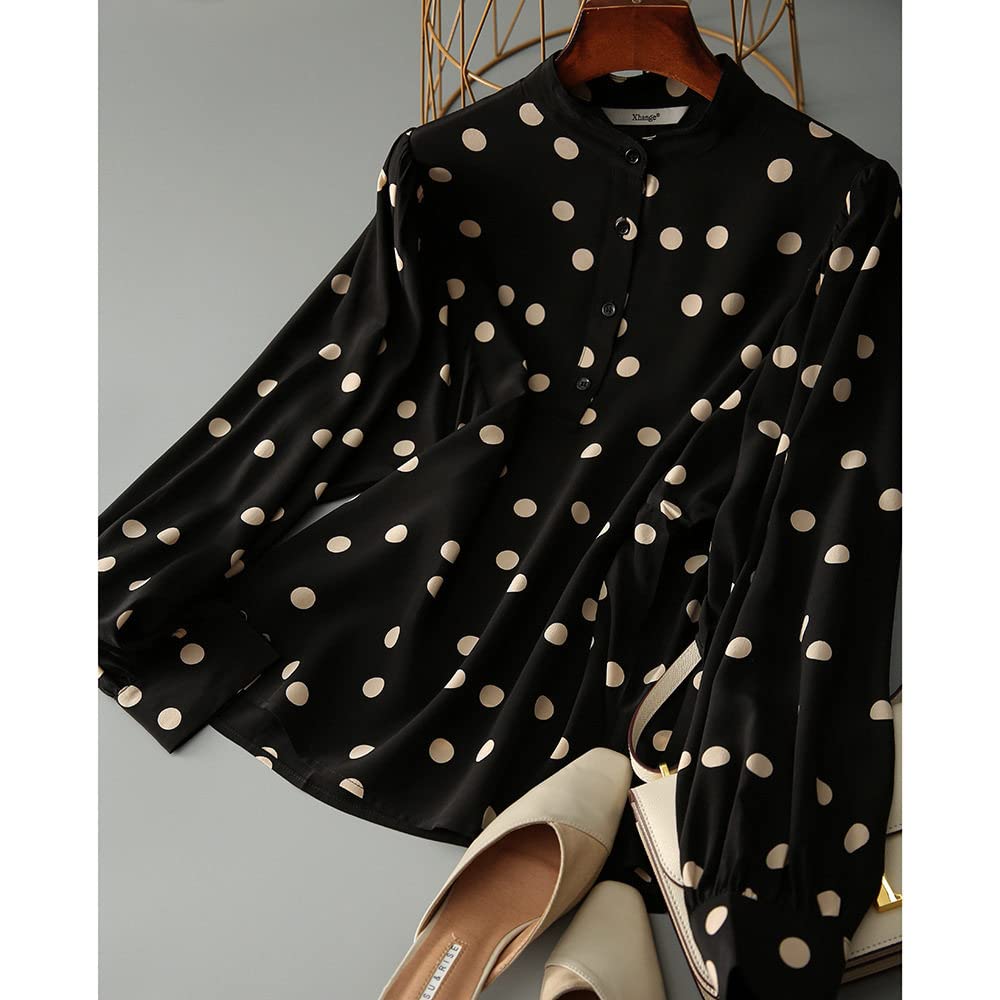 Camicie Da Donna,Camicetta Da Donna In Chiffon A Pois Neri Maniche Lunghe Arricciate Camicia Con Bottoni Stand-Up Colar Vintage Tunica Top Camicetta Comfort Camicie Da Ufficio Camicetta Da Lavoro Ca