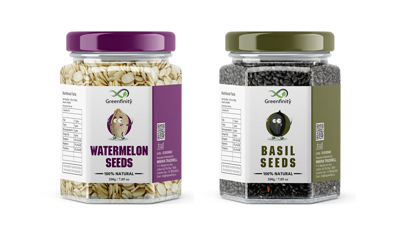 GreenFinity Watermelon Seeds Helps in Sugar Control | Magaj Beej - 200 g + Basil Seeds | Sabja Seeds | Tukmariya Seeds - 200gm (400gm Pack of 2) (B09G9CLB6R) Amazon Price History, Amazon Price Tracker