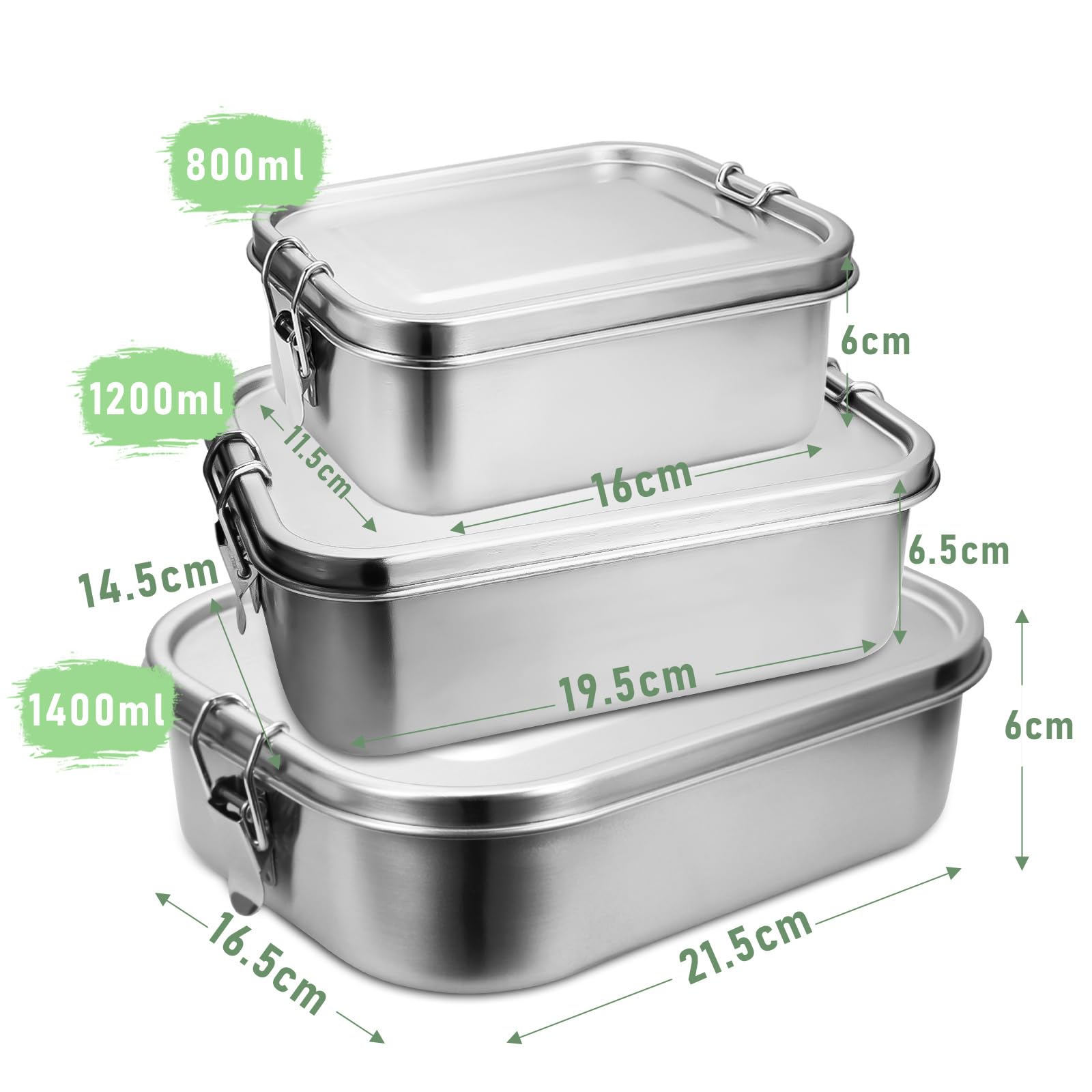 Brotdose Edelstahl Große 1200ml+1400ml, auslaufsicher Lunchbox mit fächern und Dichtring, bento box für Erwachsene, Brotzeitdose, Vesperdose, brotbox, BPA-frei