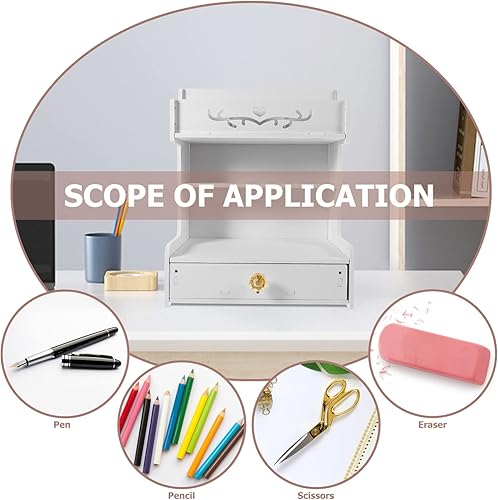 Miniatura 4 de STOBAZA Organizador de escritorio estacionario Kawaii con cajón, compartimento de mesa de madera, almacenamiento de maquillaje, organizador de