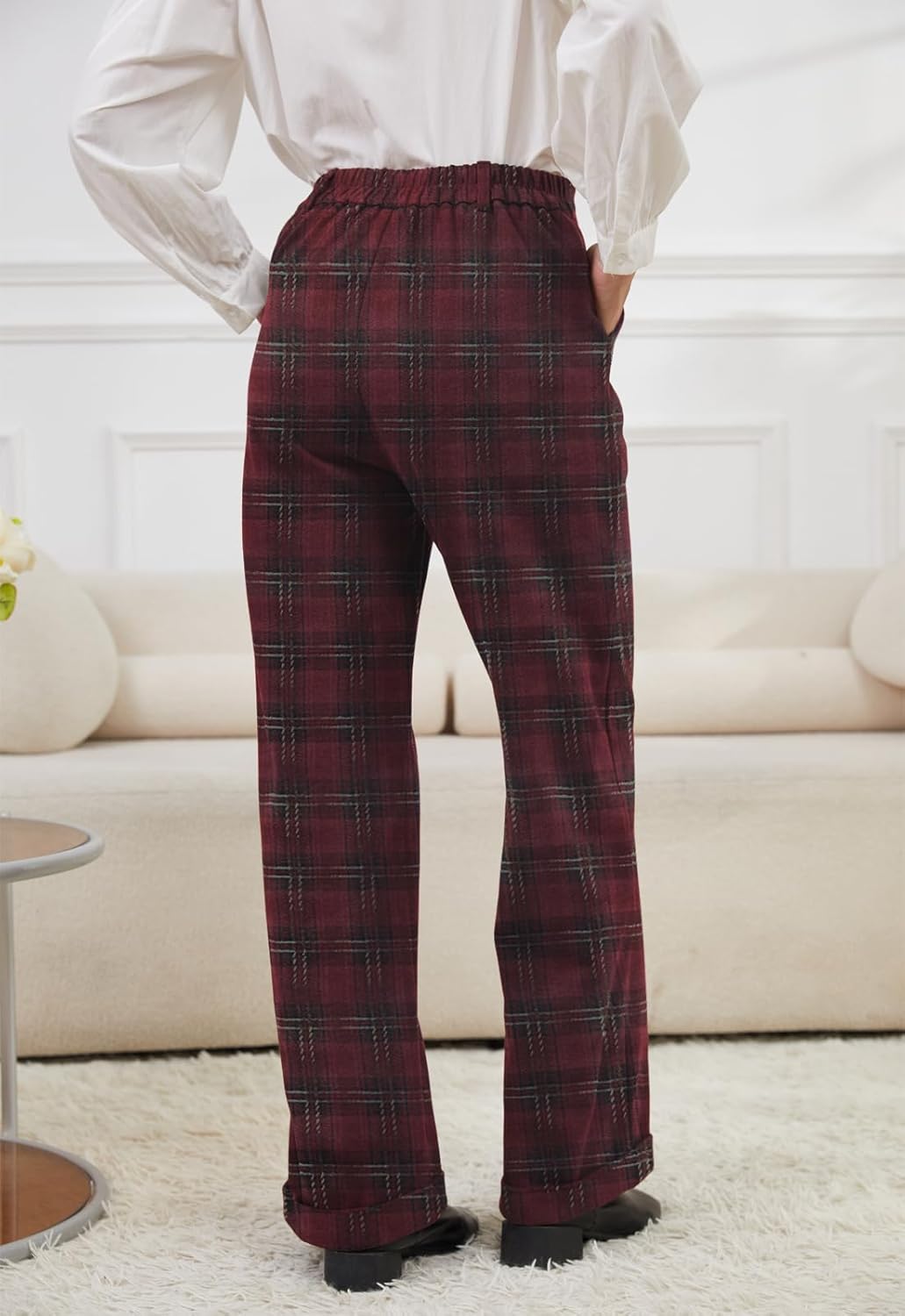 Women Plaid Dress Pants High Waisted Wide Leg Pants Fleece Pants for Women Stretchy Fall Trousers - Image 5