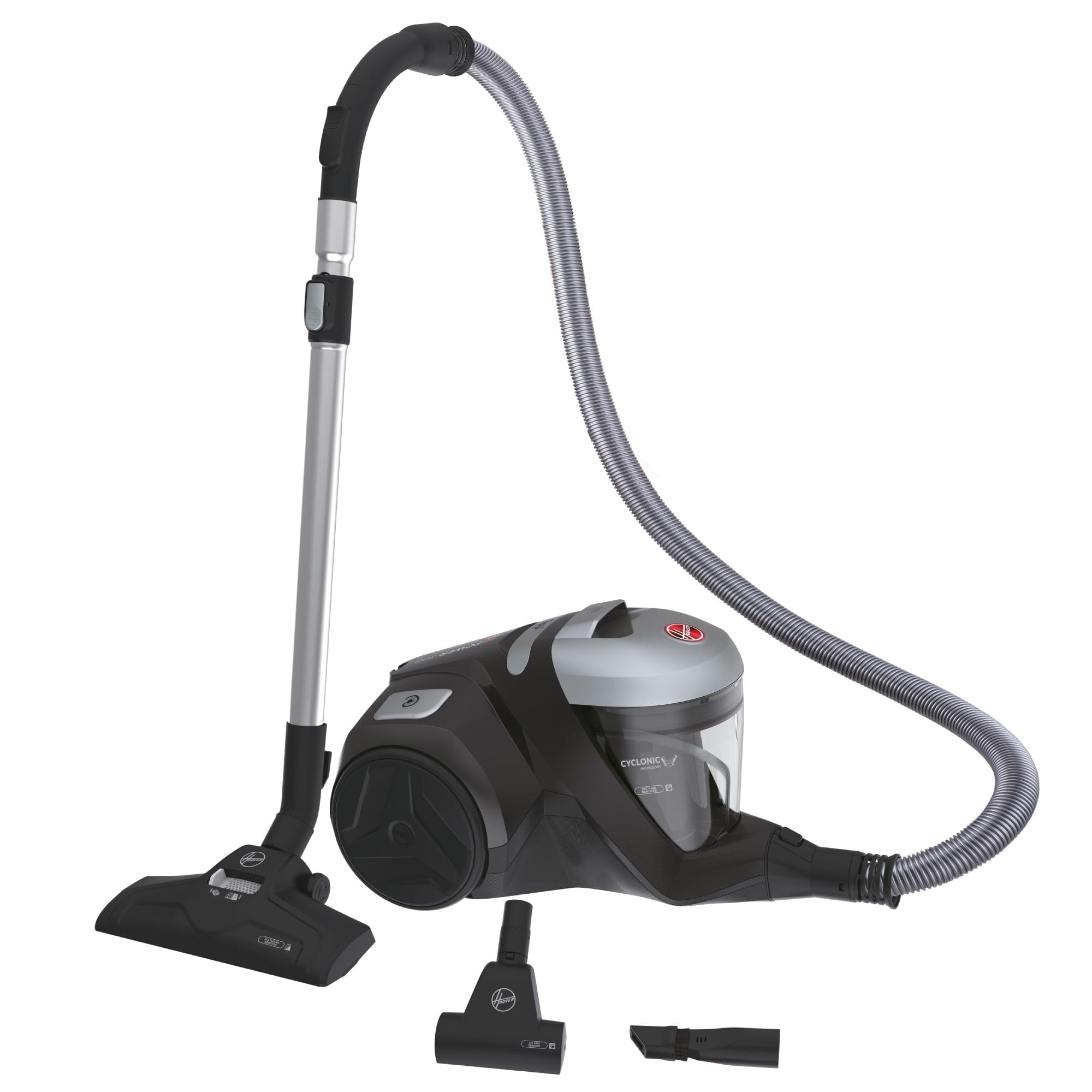 Hoover HP320PET Aspirateur Traineau sans Sac Compact, Tech Cyclonique, Brosses Tous Sols & Spécial Animaux, 2L, 850 W, Rayon d'Action 9,​5m, Vidage Facile, Tube Extensible, Accessoires Embarqués, Noir