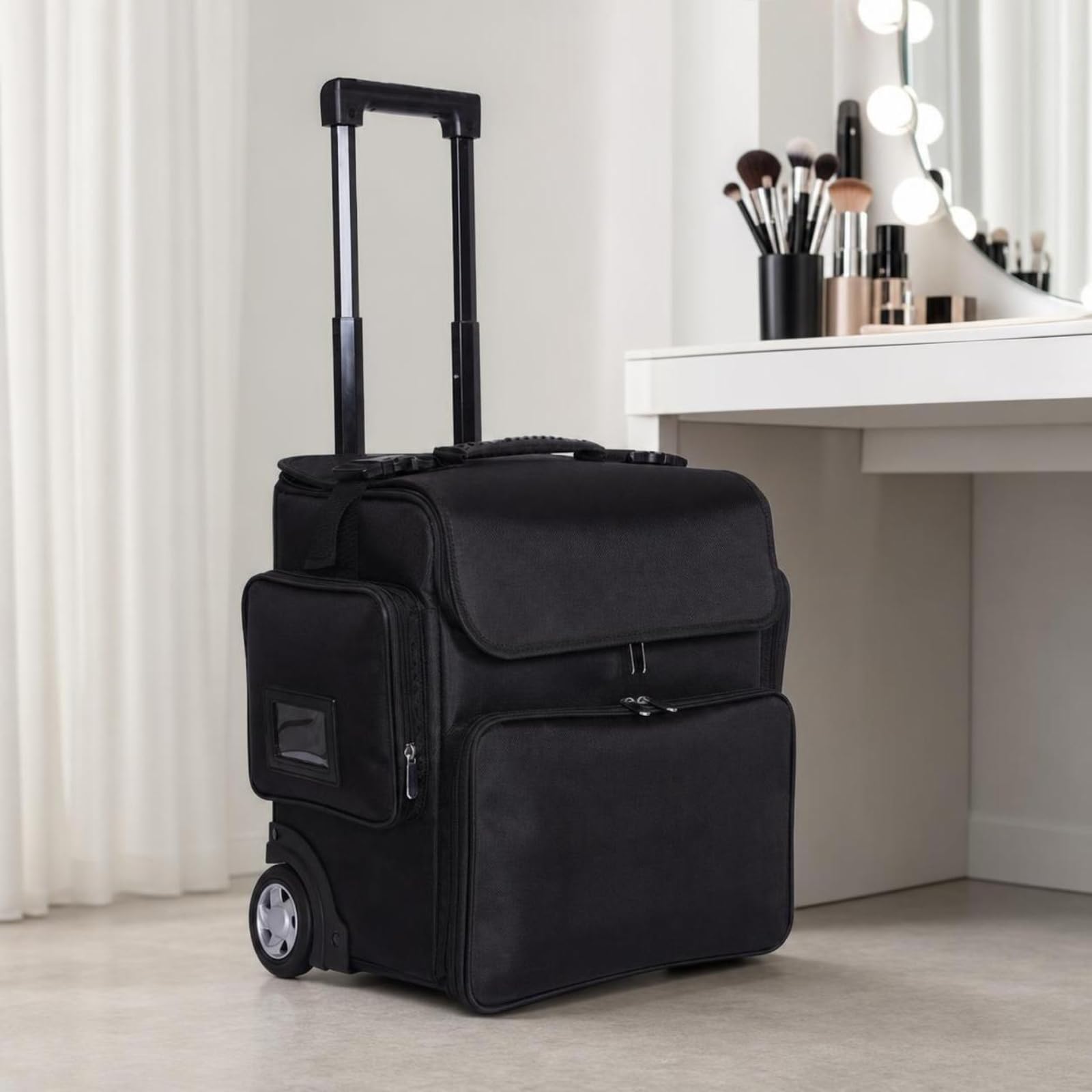 Harilla Professioneller Schminker Roller Trolley Kosmetiker Visagistener mit Stabilem Zuggriff Und Rollen aus Oxford Gewebe mit Hauptfach Und Trennwänden für Reise Messe Eventeinsatz
