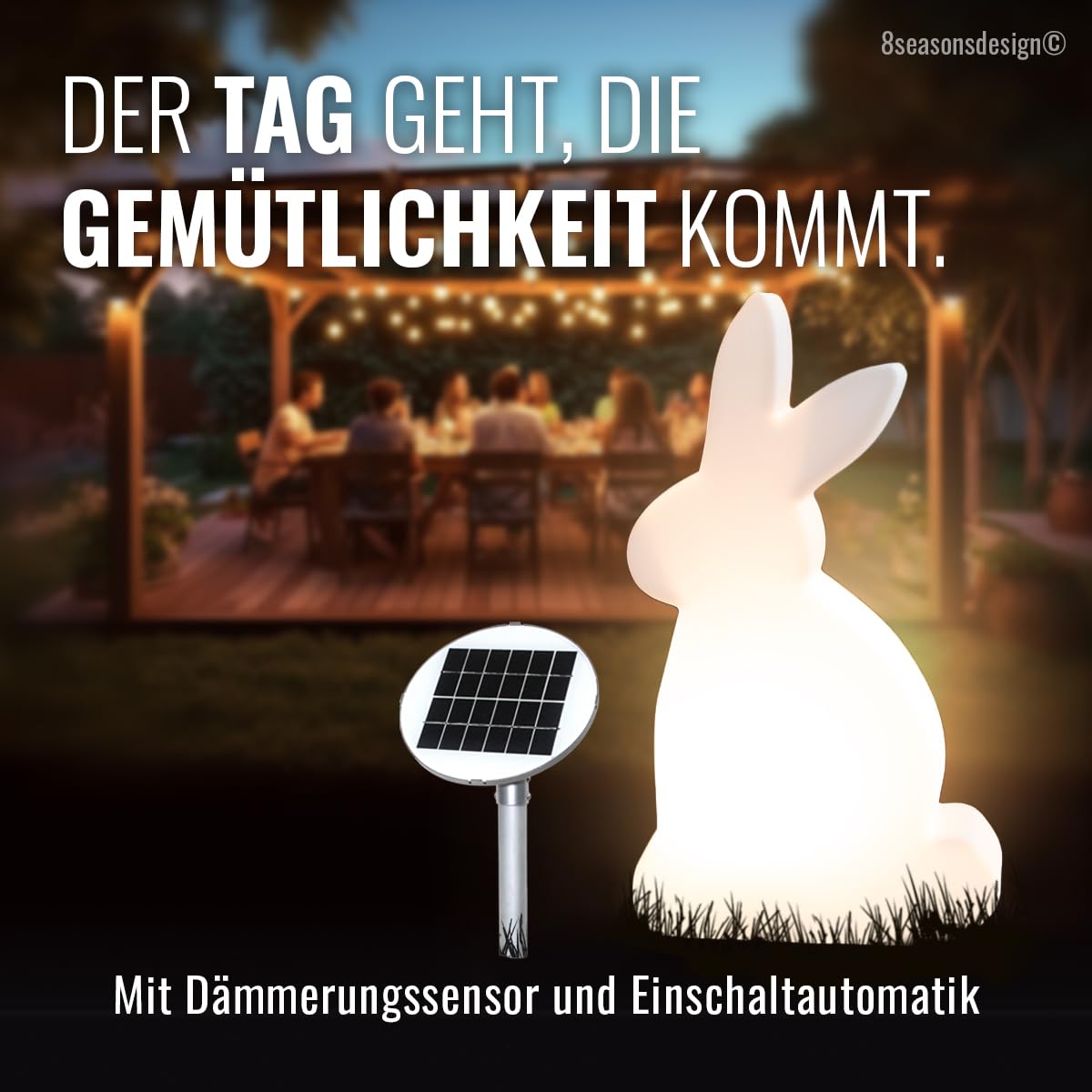 8 seasons design | Lampa zewnętrzna LED zając Solar Shining Rabbit (50 cm wysokości, ciepła biel, czujnik zmierzchu, zewnętrzny panel, lampa ogrodowa, na zewnątrz), biała