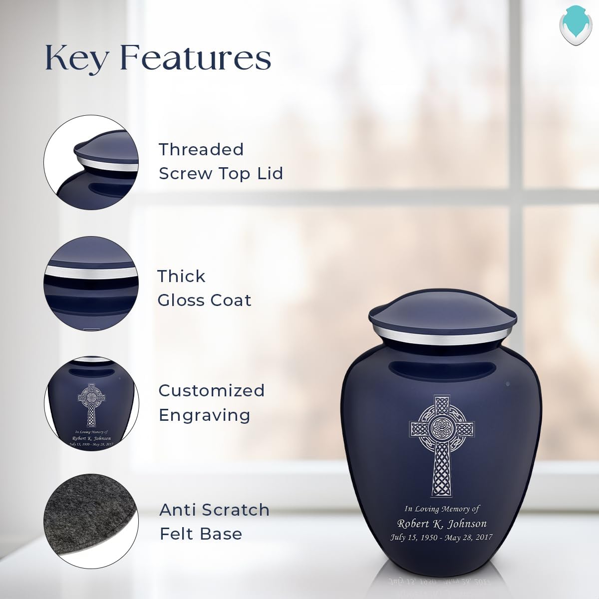Geturns - Small Personalized Celtic Cross Cremation Urns for Human Ashes I Cobalt Blue Funeral Urn for Men and Women I Holds up to 44 Cubic Inches