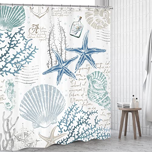Omifly Nautical Coastal Shower Curtain 60Wx72H Inch Starfish Seashell Coral Bathroom Set Vintage Underwater Marine Retro Anchor Sea Horse Ocean Beach With 12 Hooks Fabric Waterproof Accessories Decor #TOP1