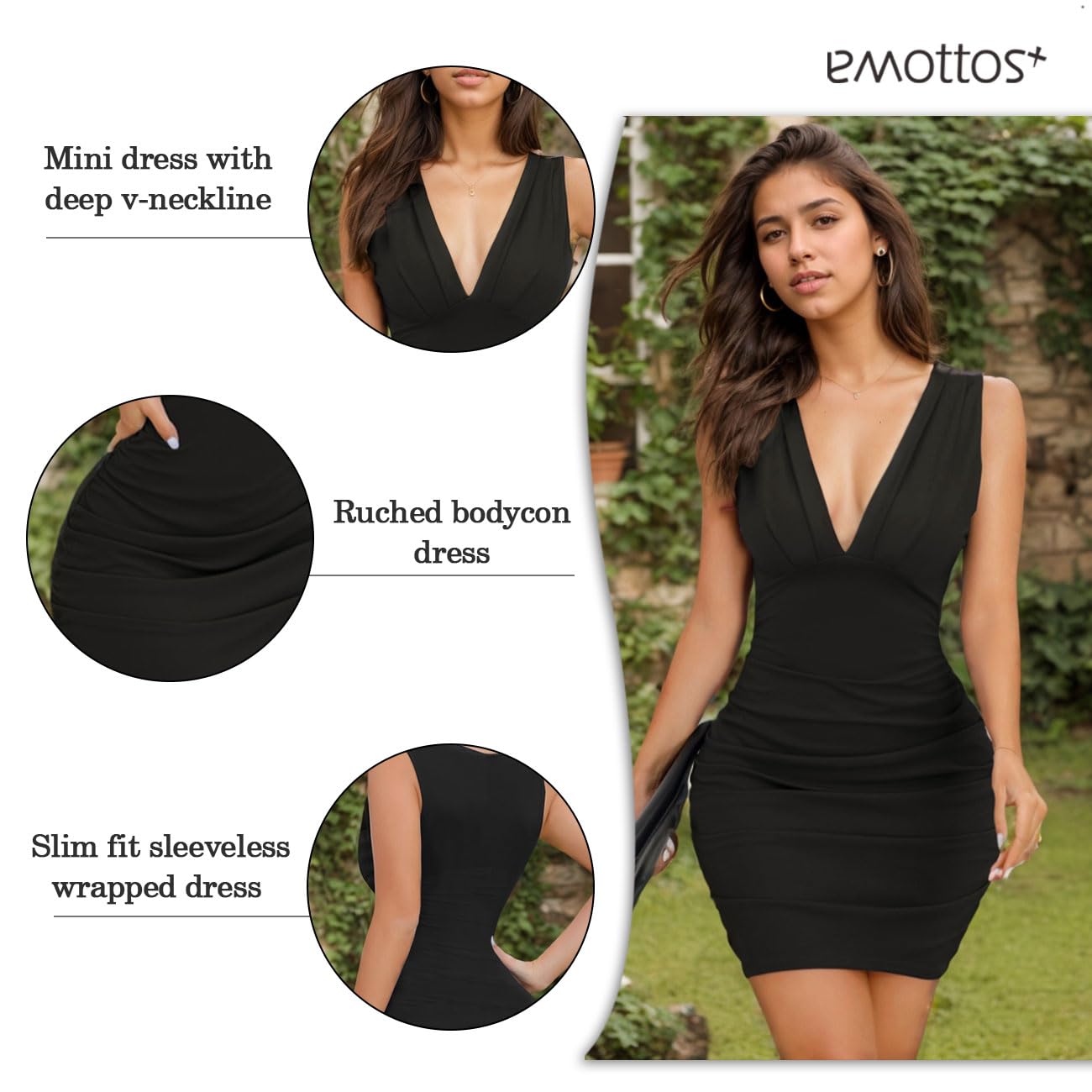 Mujeres Mini Wrap Vestido, Sexy Sin Mangas Ruched Bodycon Vestidos con Cuello en V Profundo, Y2K Hip-Hugging Vestido sin Espalda, Alto Elástico Clubwear Cóctel Noche Club, Negro/Rojo, S-XL