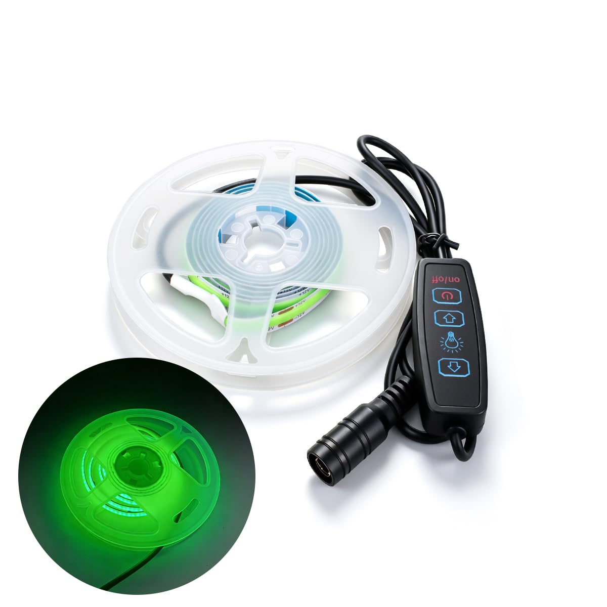 Innfeeltech 1M COB LED Light Strip, 8mm Width 12V Green 320LEDs/m Light Strip, Dimming Button with DC Connector