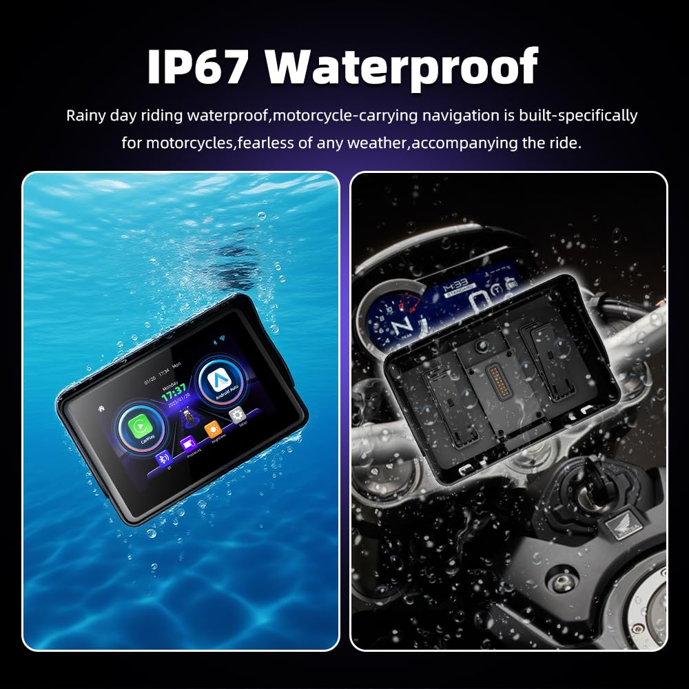 5" Display Moto Wireless CarPlay Android Auto Navigatore IP67 | Display touch IPS 800nit IP67, doppio supporto antifurto a sgancio rapido. Compatibile con moto universali e base BMW.