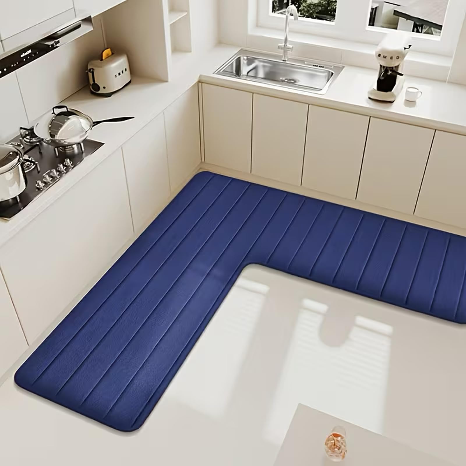 Wlian L-Shaped Kitchen Mat – Non-Slip Absorbent Corner Floor Mat for Kitchen & Home, Soft L-Shape Rug for Bathroom, Toilet & Shower Corners, Machine Washable, DarkBlue, 75x75x45cm