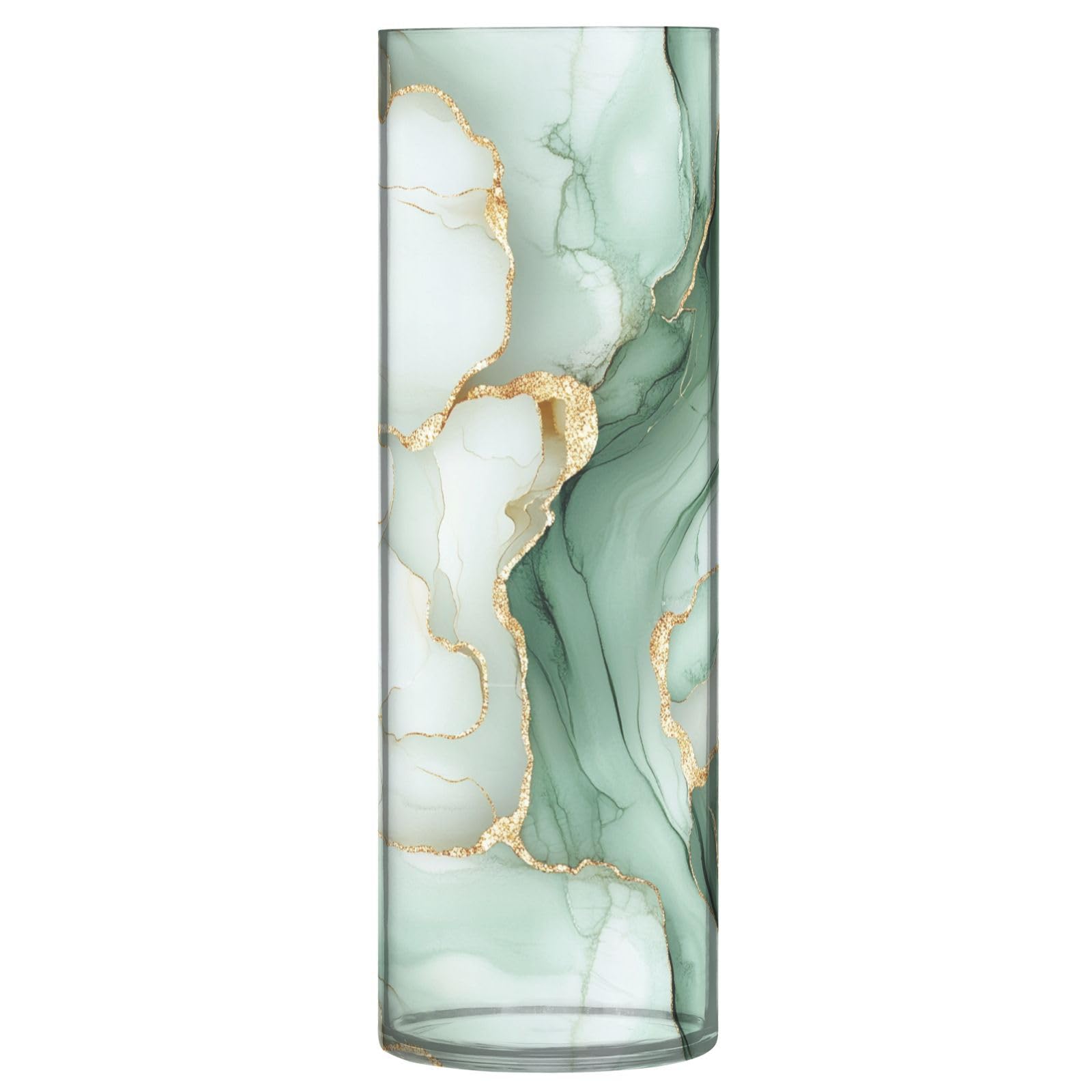 Marble White Sage Green Plastic Cylinder Vase 11.8 x 3.9 Inch Tall Flower Vase Unbreakable Vases for Living Room Dining Table Bookshelf Library Decor