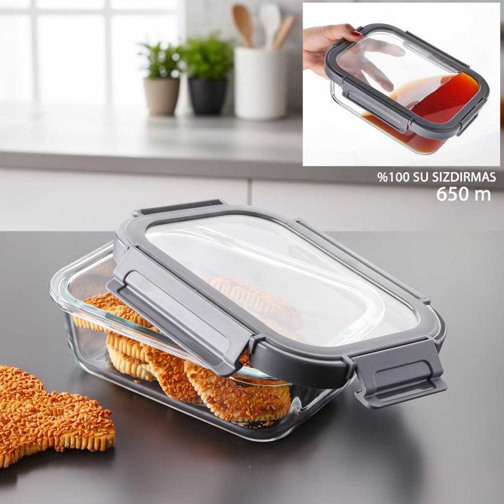 Deconox 1 Adet 650 ml Borosilikat Cam Saklama Kabı - 4 Klipsli Kilitli Bambu Kapaklı Sızdırmaz Vakumlu Dikdörtgen Beslenme ve Erzak Kabı Isıya Dayanıklı Orta Boy Yemek Taşıma Kutusu