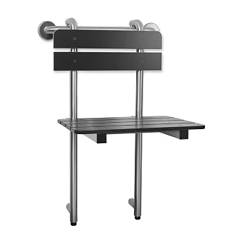 Seachrome Profile Folding Shower Seat with 18 inch Grab Bar, Removable Hanging Bench with Backrest & Legs, Black Phenolic Seat, Satin Stainless Steel Grab Bar
