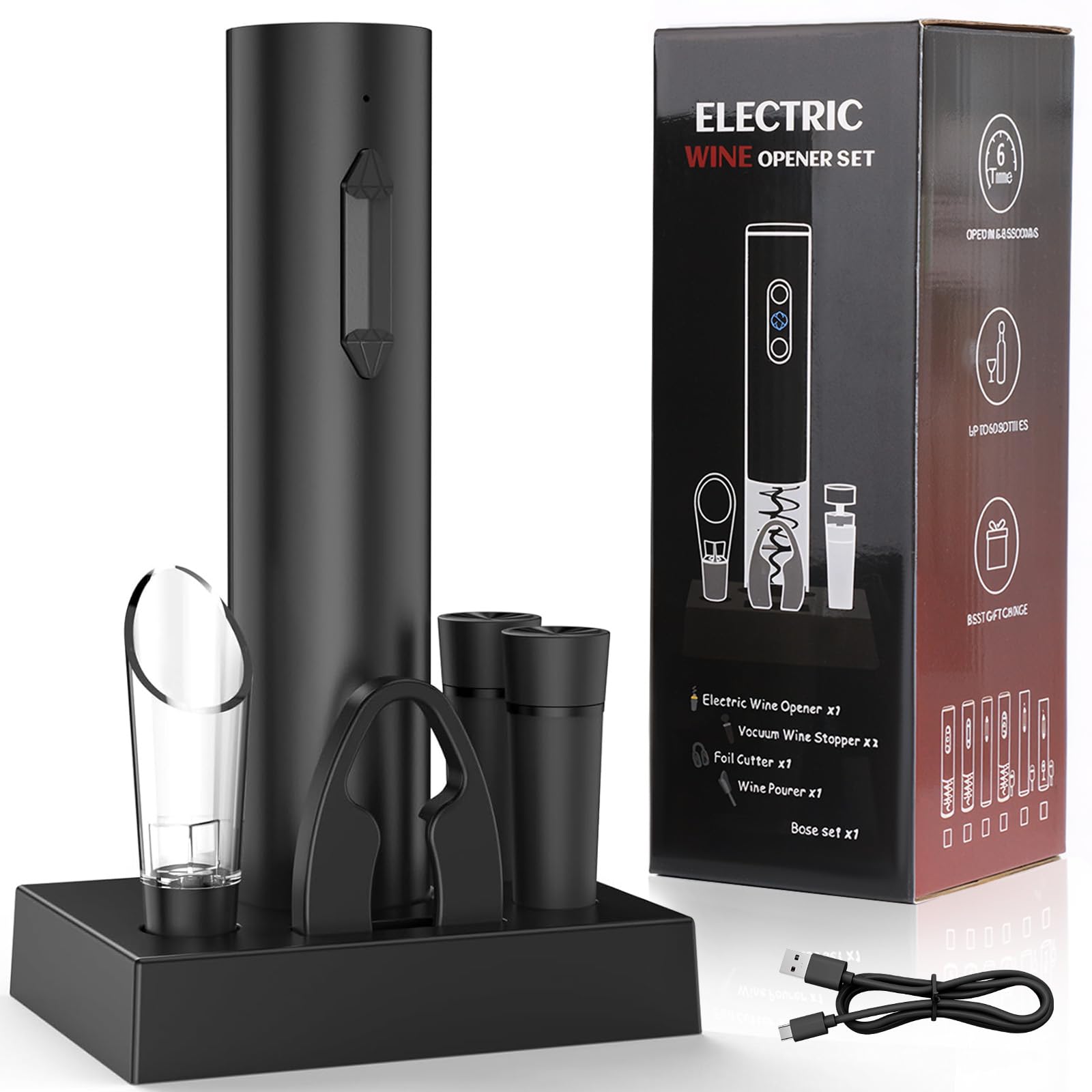 Elettrico Cofanetto Regalo 6 in 1 Tire Cap, Apribottiglie Elettrico Con Base, Tagliacapelli, Aeratore Vino