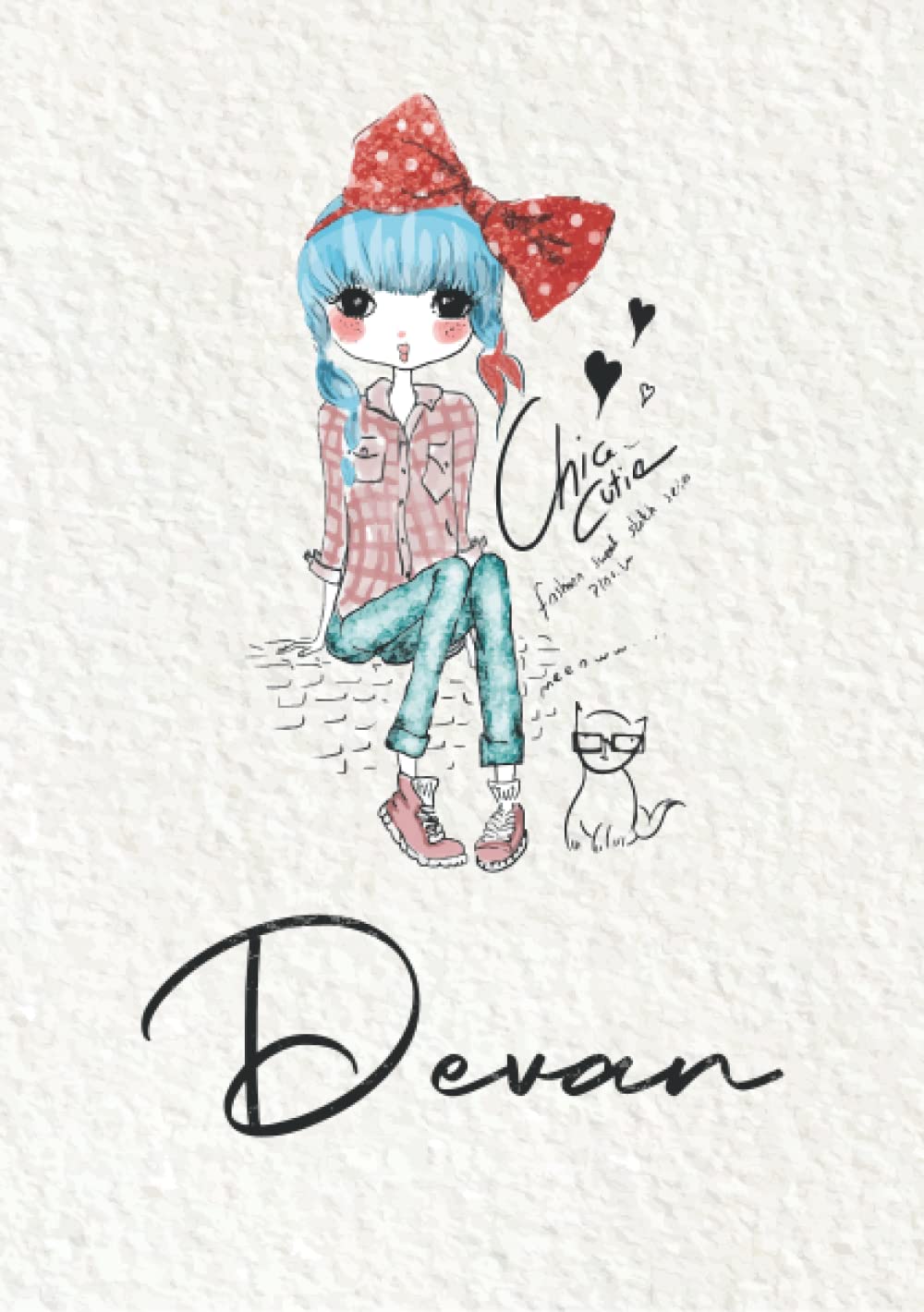 Devan: Notebook A5 | Personalized name Devan | Birthday gift for women, girl, mom, sister, daughter | Cover: Fashion girl with cat | 120 lined pages journal, small size A5 (ca. 6 x 9 inches)